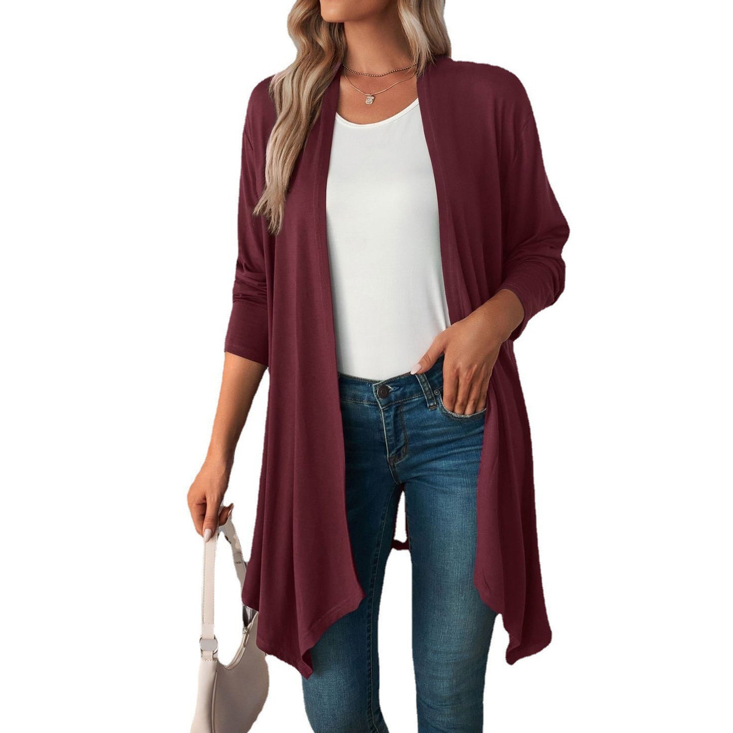 Cardigan Long à manches longues pour femme, vêtements d'automne, couleur unie