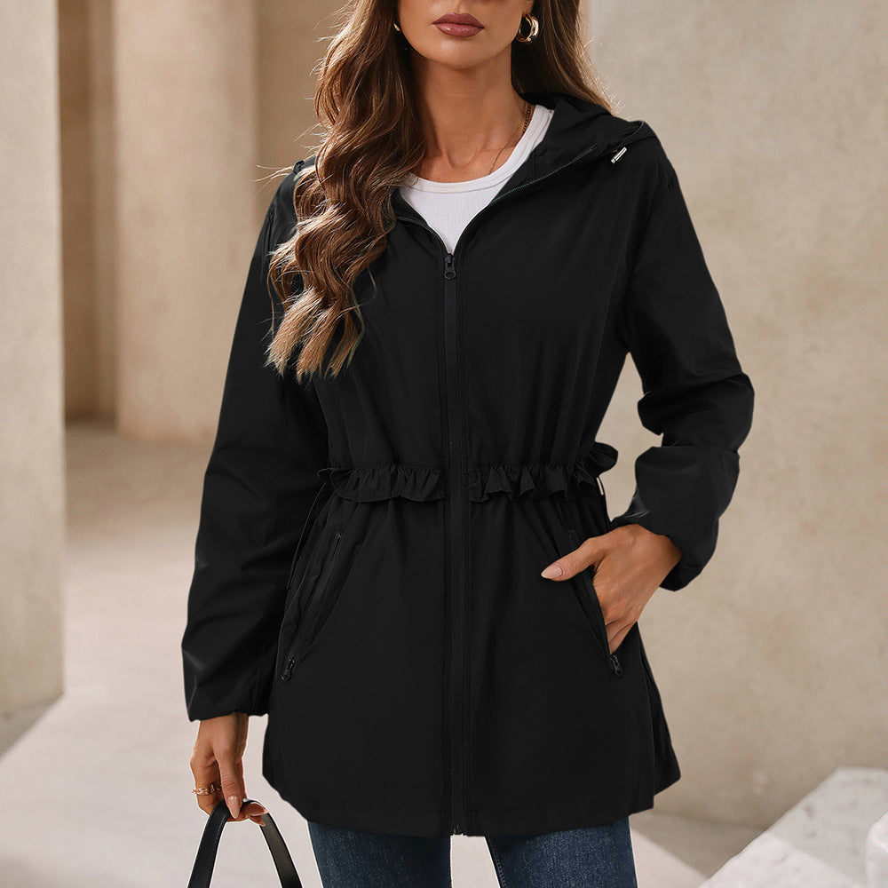 Producto superior de otoño e invierno para mujer, chaqueta impermeable a prueba de lluvia, abrigo elegante con capucha y bolsillos