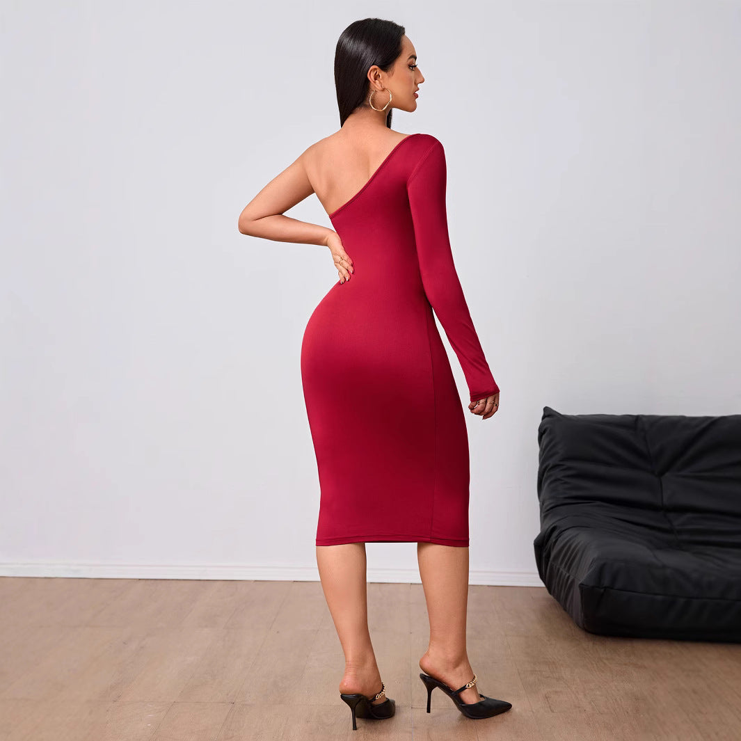 Robe de soirée rouge vin pour femme, tenue d'automne et d'hiver à manches simples