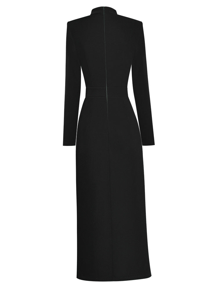 Stand Collar Long Sleeve Bowknot Waist-tight Fastener Decoration Hip Split Mid-length Dress