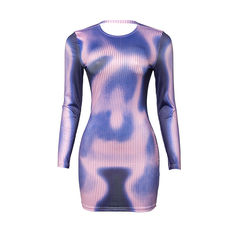 Autumn round Neck Long Sleeve Body Print Slim Short Dress