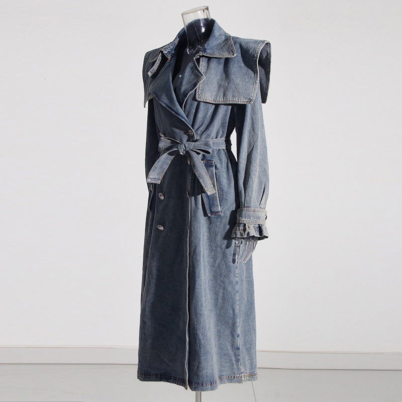 Automne élégant femmes vêtements Denim Trench manteau col Polo à lacets conception minceur Denim Trench manteau