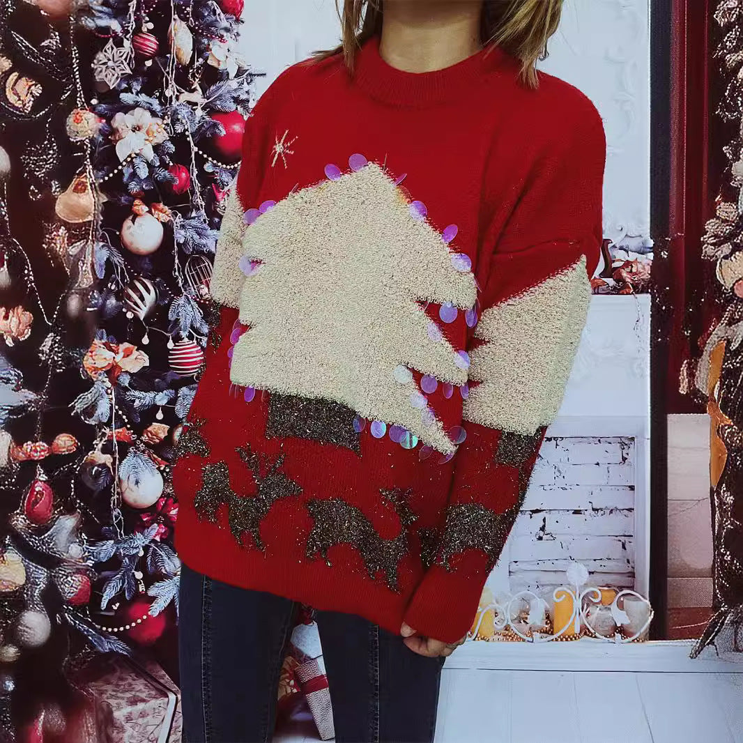 Christmas Sweater Handmade Sequined Flocking Christmas Tree Deer Thickened Pullover Year Sweater for Women