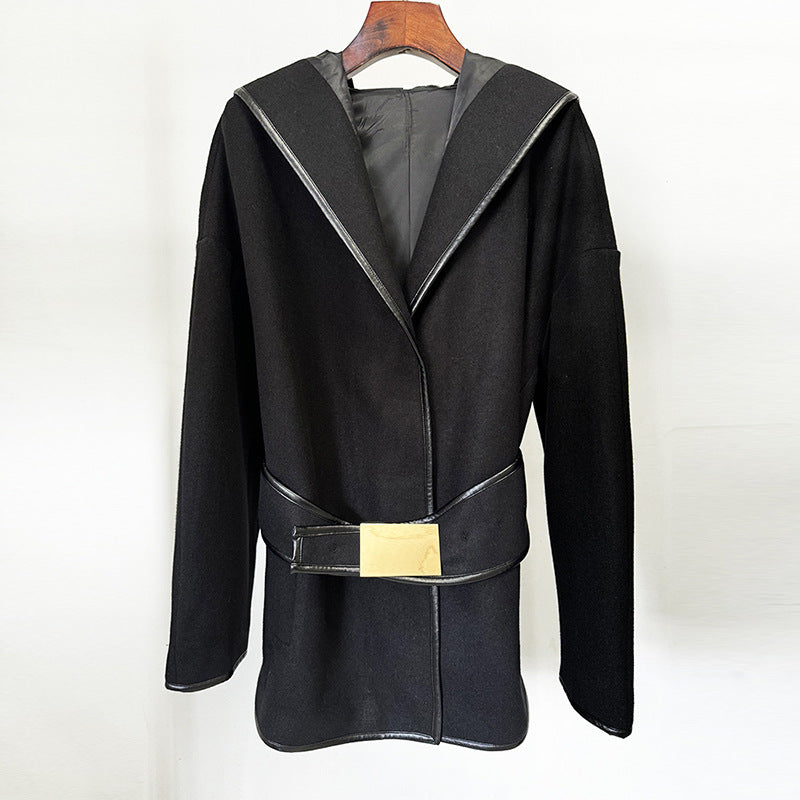 Goods Star Hooded Belt Batwing Sleeve Mid Length Woolen Jacket Coat