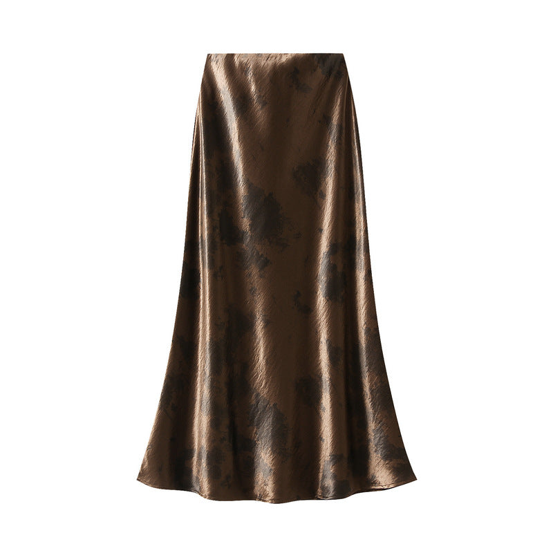 Gold Satin Printed Elastic Waist Tie Dyed Mid Length Skirt Sheath Fishtail Skirt Autumn