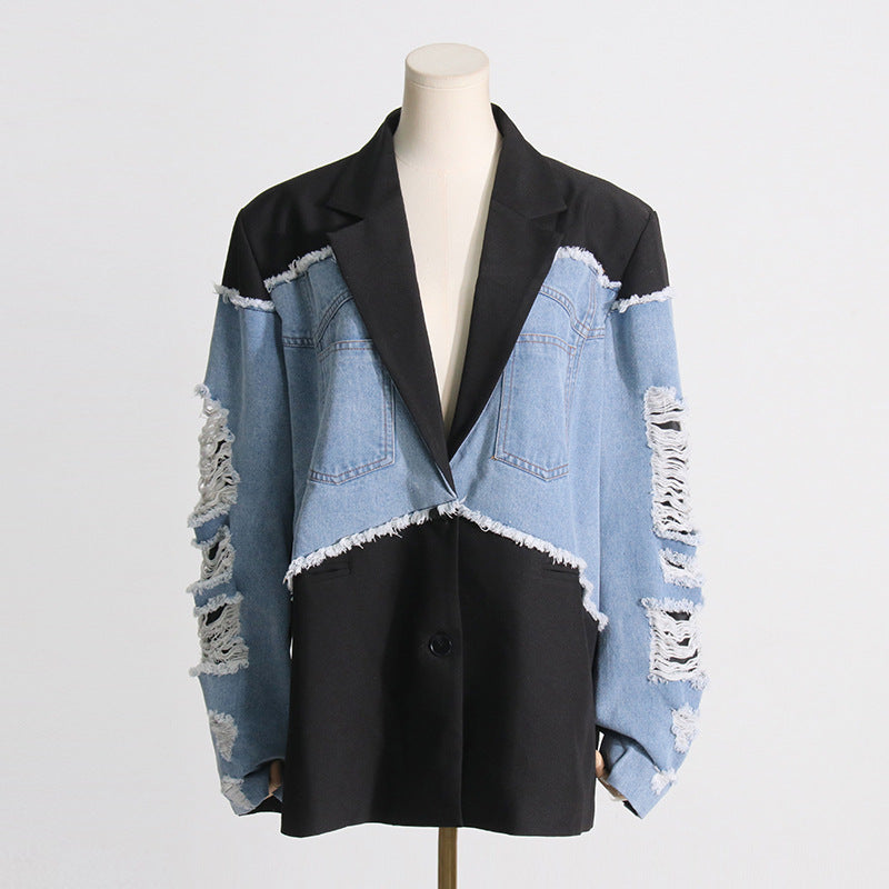 Autumn Retro Color Contrast Patchwork Loose Denim Women Jacket