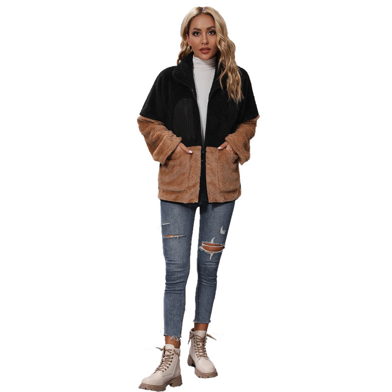 Veste décontractée épaisse en peluche à manches longues et col pour femme, ample, assortie aux couleurs, fermeture éclair, automne