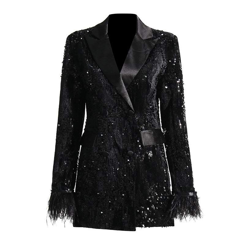 Automne Socialite abordable luxe paillettes Blazer coupe ajustée manchette fourrure couture petit Blazer