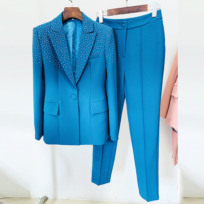 Star Rhinestone One Button Work Pant Blazer Two Piece Set