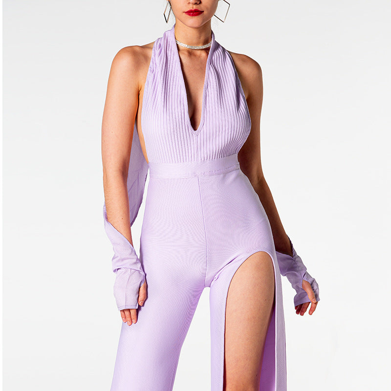 Summer Backless Halter V-neck Slimming Backless Slit Jumpsuit