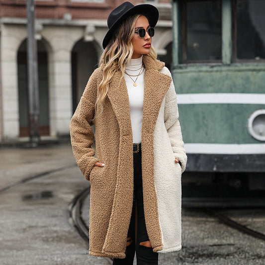 Chaqueta de mujer de otoño e invierno con cuello de contraste de color y manga larga, abrigo informal de terciopelo con burbujas