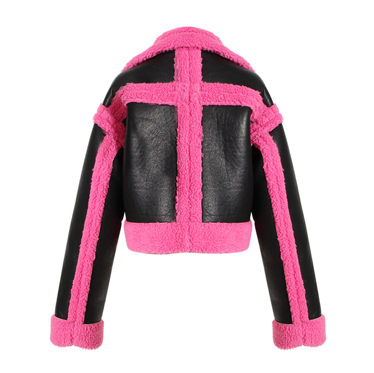 Chaqueta de moto con cuello grande Chaqueta de piel sintética de color rosa en contraste