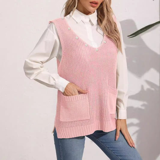 Gilet pour femme, vêtement à double poche, col en V, patchwork, décontracté, perles, pull