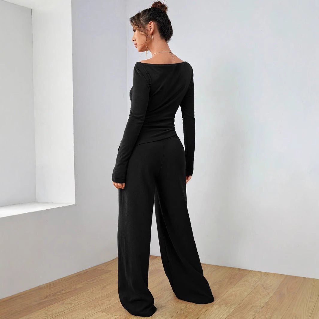 Autumn Winter Solid Color Long Sleeve Casual Wide Leg Trousers Two Piece Set Women Clothing