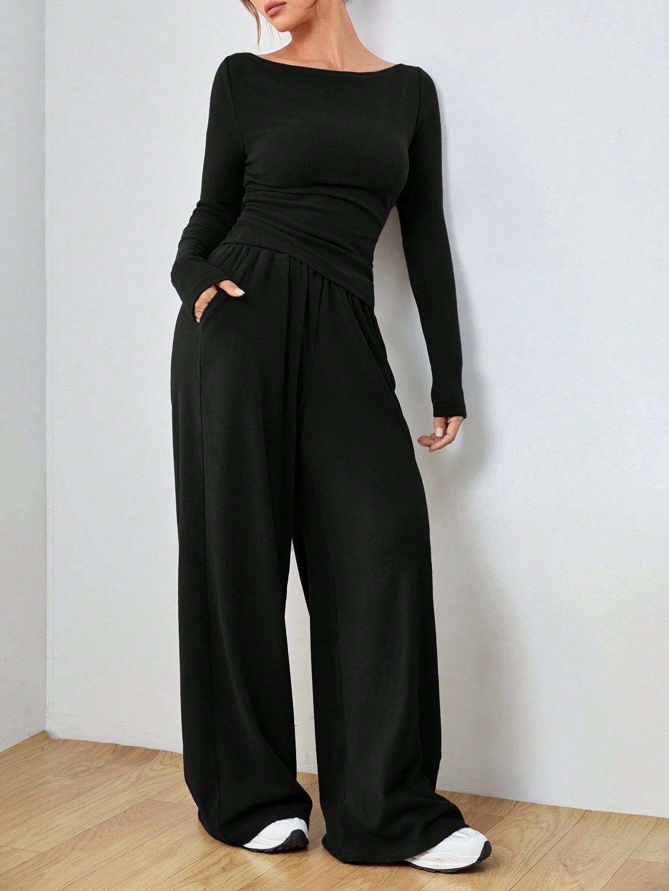 Autumn Winter Solid Color Long Sleeve Casual Wide Leg Trousers Two Piece Set Women Clothing