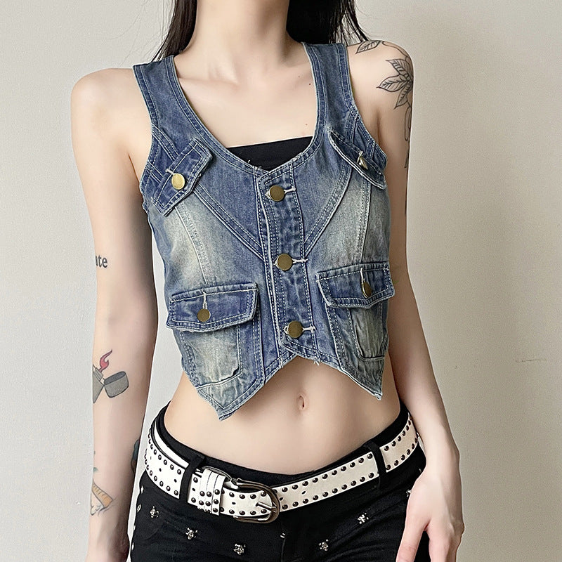 Wash Color Workwear Buckle Bag Denim Vest Women Sexy Personality Wear Irregular Asymmetric Top