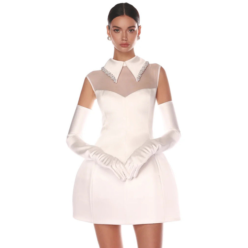 Robe élégante en maille satinée blanche pure pour l'automne et l'hiver, gants fins, jupe-jupe, vêtements pour femmes