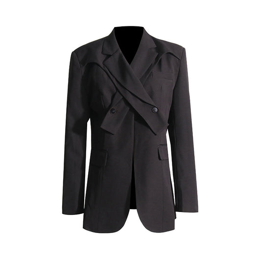 Spring Niche Office Waist Tight Show Thin Black Irregular Asymmetric Cross Collar Women Coat