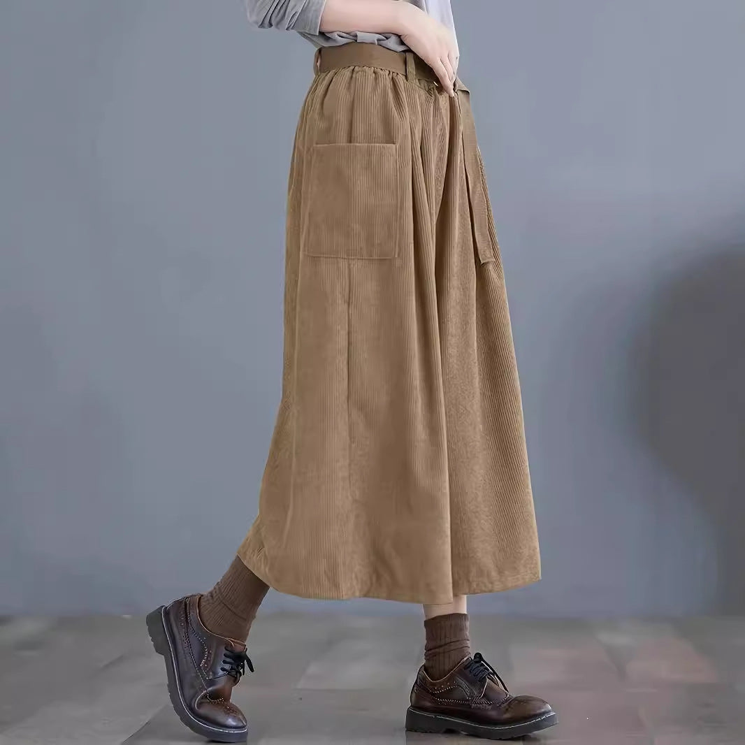 Autumn Winter Solid Color Cropped Wide Leg Pants with Pockets Yamamoto Casual Corduroy Belt Pants