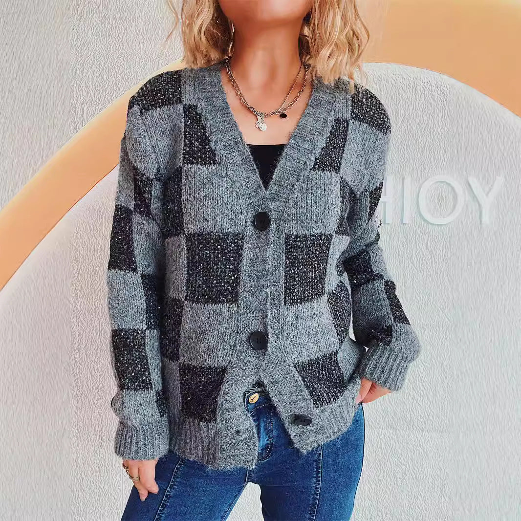 Automne Hiver Lâche Simple Boutonnage Tricoté Cardigan Haut Femmes Plaid Bow Brocart Pull Manteau Femmes