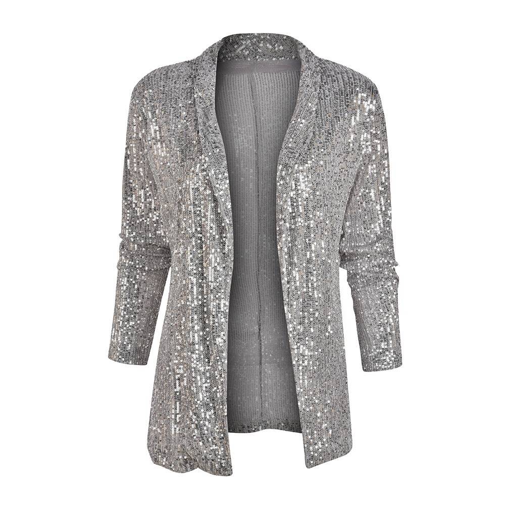 Spring Sequined Long Sleeve Elegant Mid Length Collared Color Coat for Women