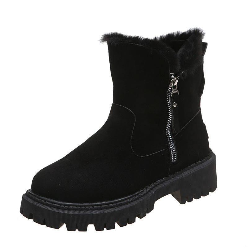 Winter Fleece Lined Short Fur Mouth Snow Boots Women Warm Side Zipper Suede Cotton Boots