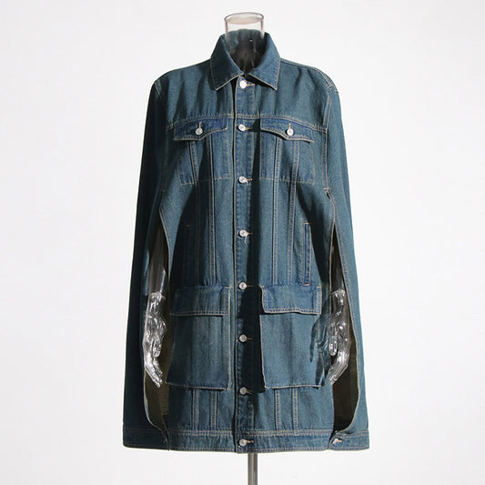 Autumn Trend Niche Design Hollow Out Cutout Cut Loose Cape Washed Denim Jacket Women