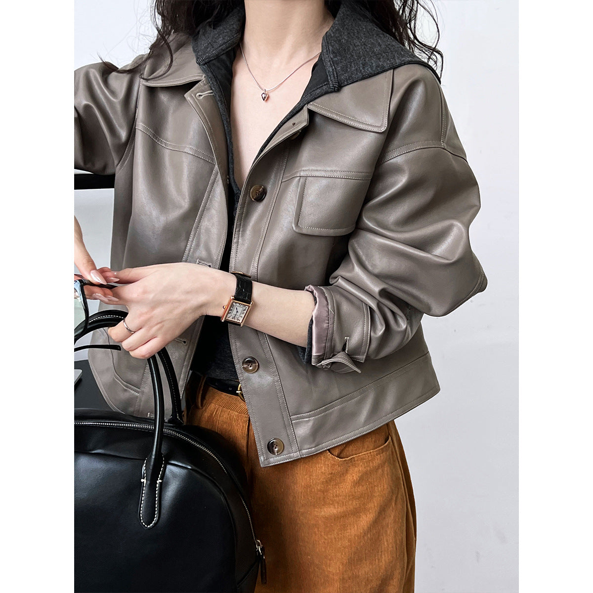 Manteau en Faux cuir pour femmes, à la mode, élégant, profil marron, revers d'automne, veste courte de moto