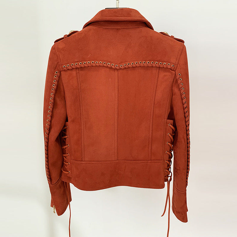 Goods Autumn Winter Rhinestone Logo Heavy Industry Tied Rope Waist Suede Motorcycle Jacket