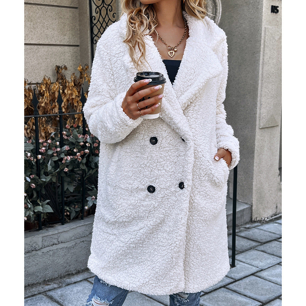 Automne hiver mi-long Double boutonnage poche revers fourrure laine d'agneau Trench manteau pour vêtement d'extérieur pour femmes