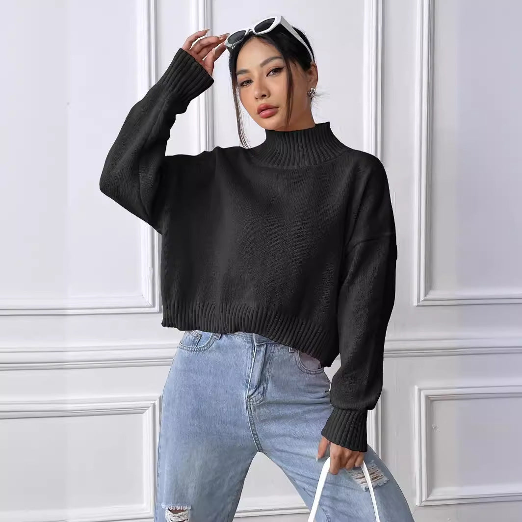 Women Short Top Women Clothing Autumn Winter Turtleneck Pullover Solid Color Loose Casual Bottoming Shirt