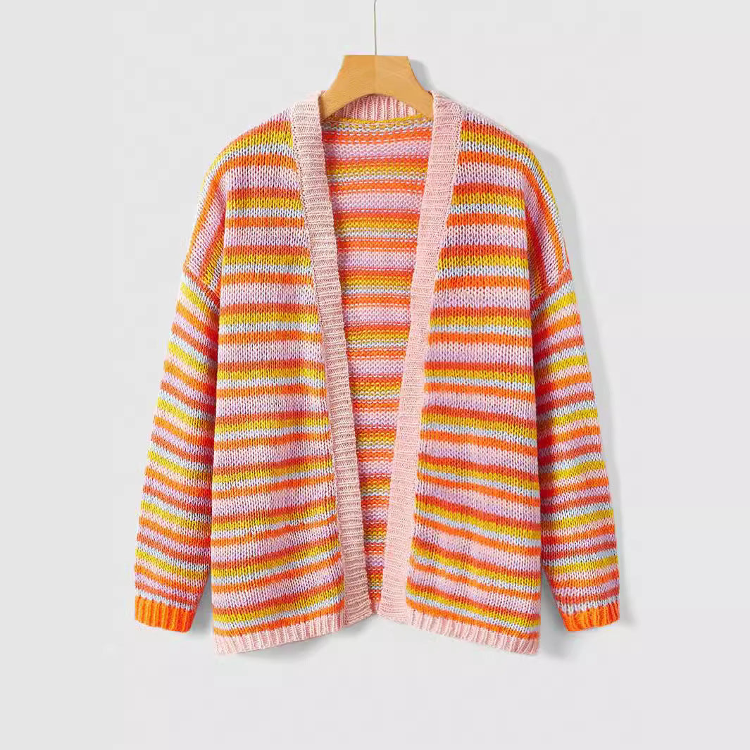 Sweater Coat Autumn Winter Striped Cardigan Women Buckle Free Knitted Coat