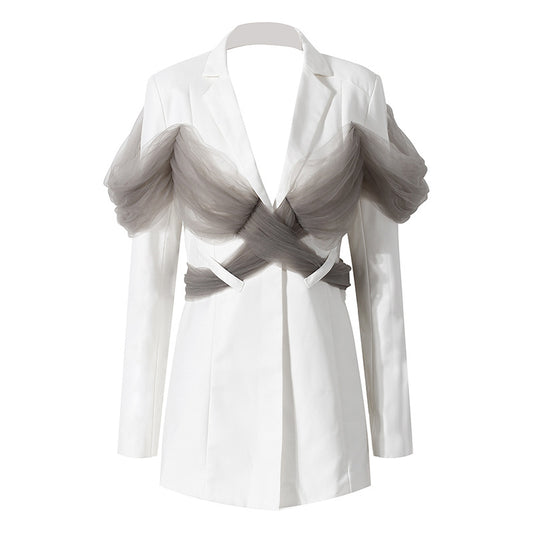 Blazer blanco de minoría francesa para mujer, chaqueta de Organza con espalda descubierta y costuras de malla ajustada de Color en contraste