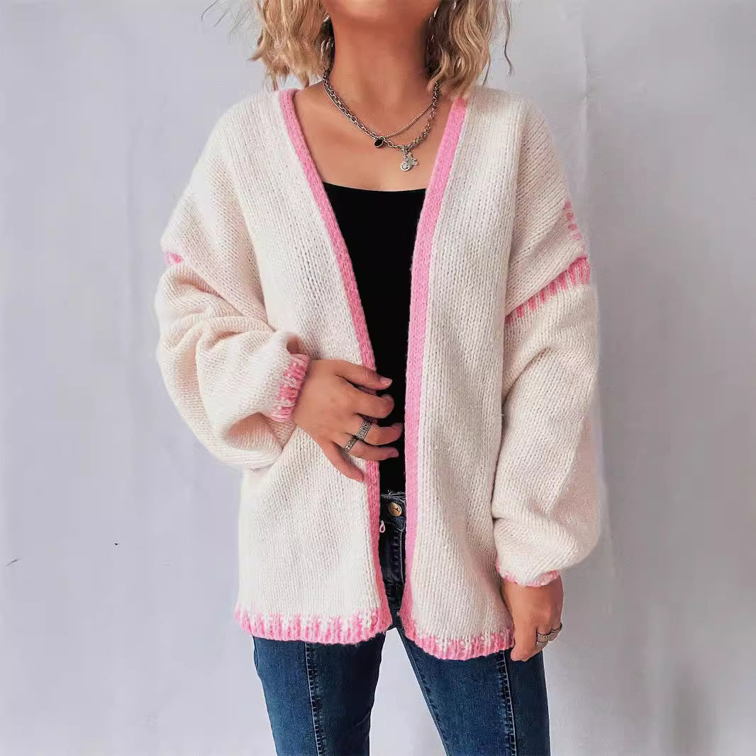 Sweater Women Outer Wear V neck Knitted Cardigan Loose Preppy Chic Contrast Color Early Autumn Coat