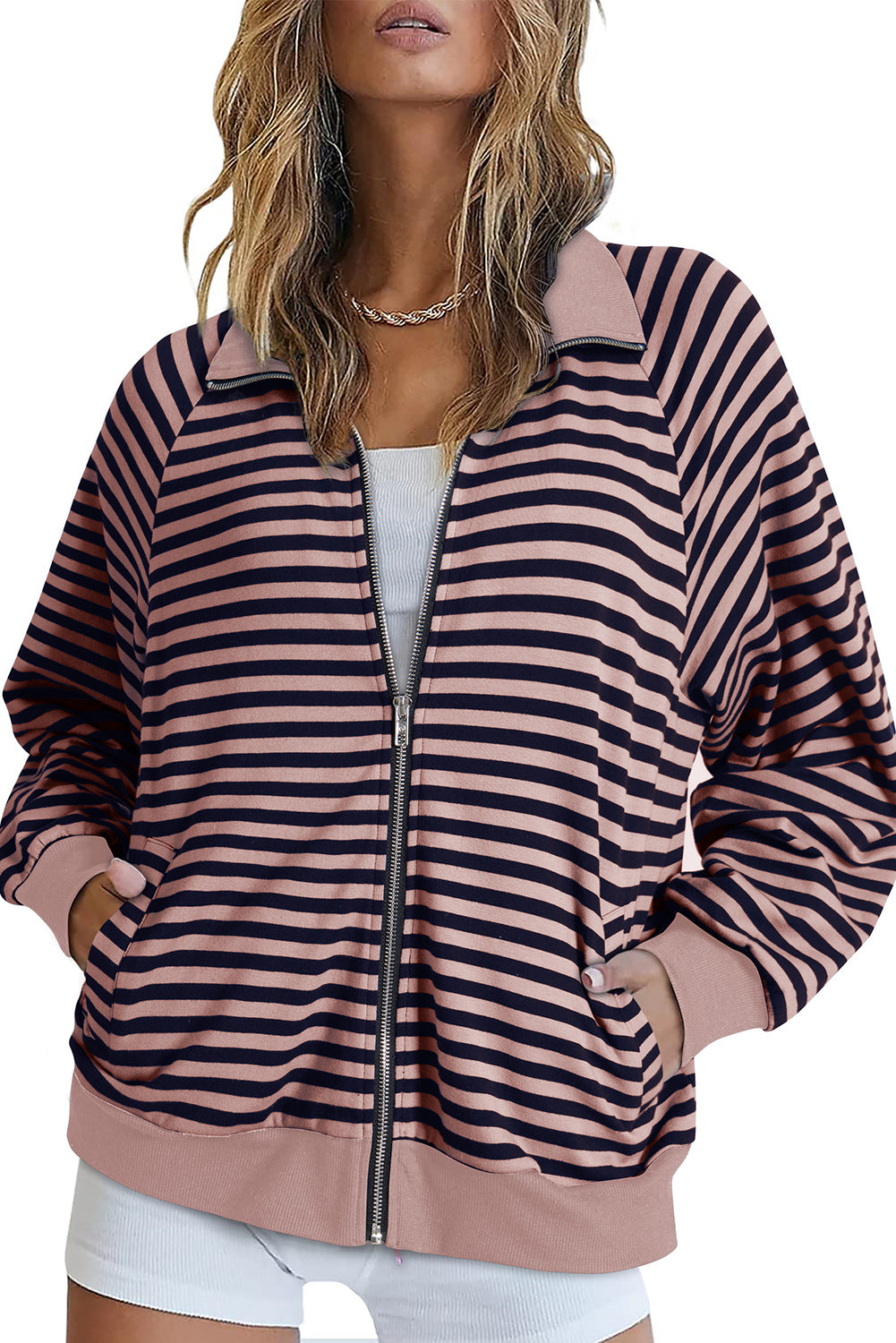 Automne Hiver Femmes Vêtements Chemise Décontractée Col Rayé Contraste Couleur Cardigan Top Femmes