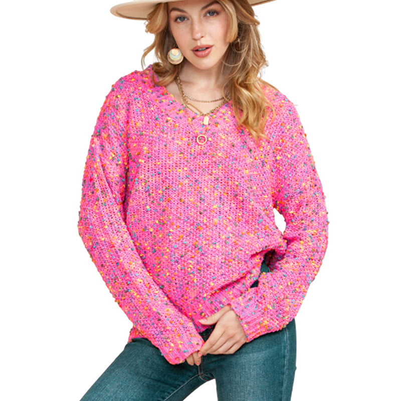 Color Polka Dot Loose Fitting Sweater Women Spring Concise All Match Printed V Neck Long Sleeve Top Women