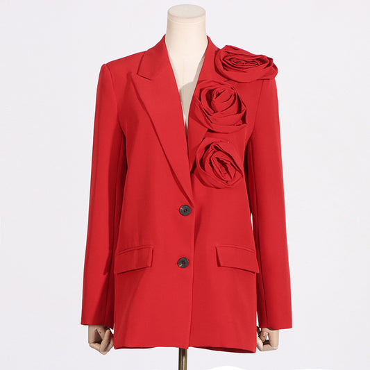 Spring Solid Color V Neck Rose Stitching Design Profile Women Blazer