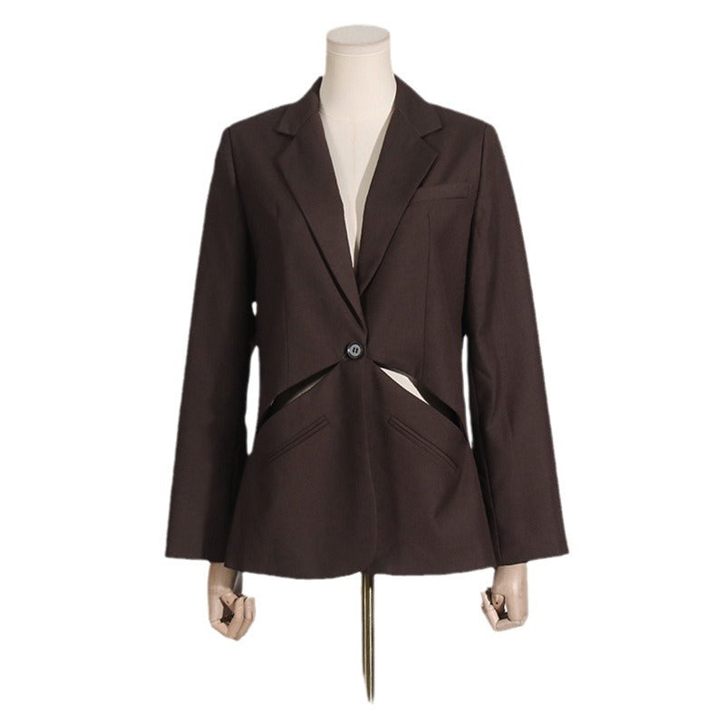 Blazer d'été à manches longues pour femme, haut de gamme, ajouré, découpe, couleur unie, tenue de soirée drapée