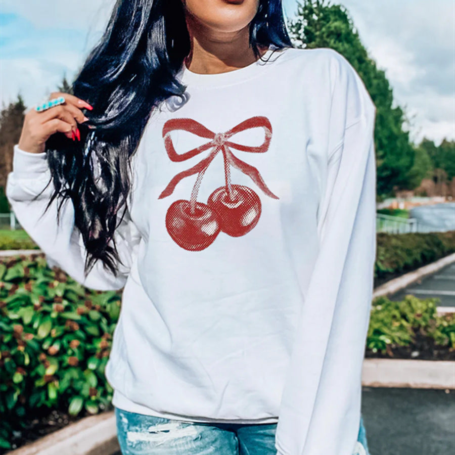 Street Hipster Bow Cherry Drop Shoulder Loose Long Sleeve Sweatershirt Autumn Winter Women Clothing