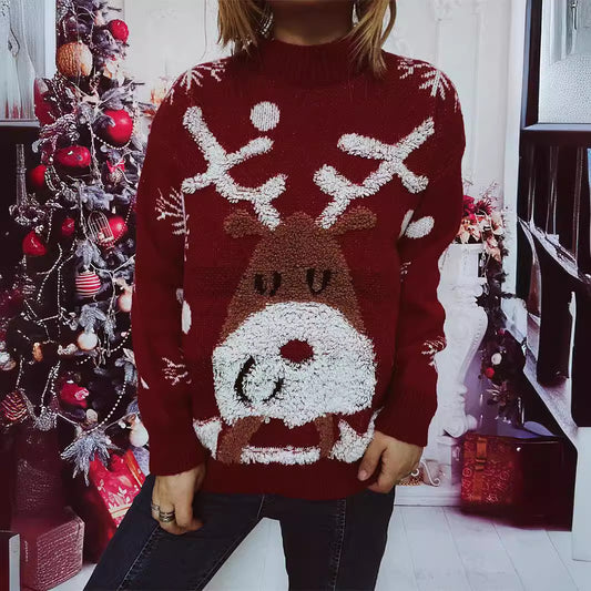 Christmas Sweater Elk Snowflake Flocking Jacquard Round Neck Knitted Sweater Pullover