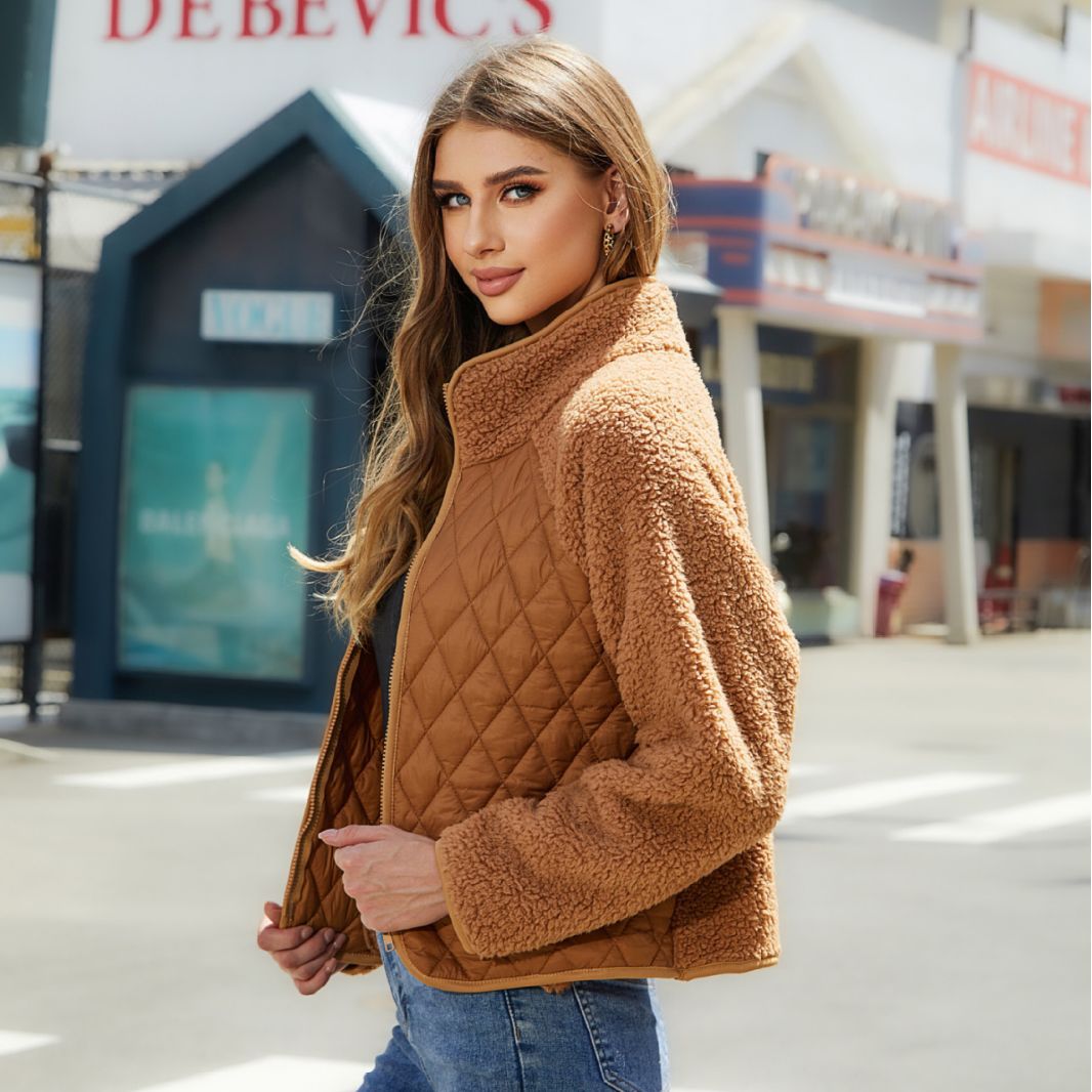 Automne Hiver Femmes Vêtements Cardigan Fermeture Éclair Manches Longues En Peluche Couture Manteau Femmes