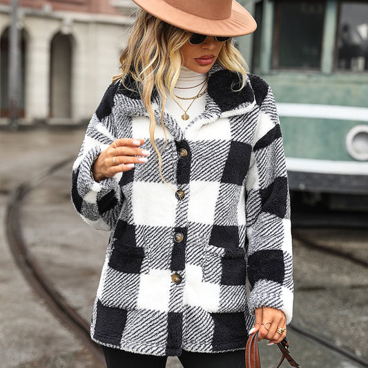 Chaqueta informal de felpa con una sola botonadura y cuadros de manga larga con cuello para mujer de otoño e invierno