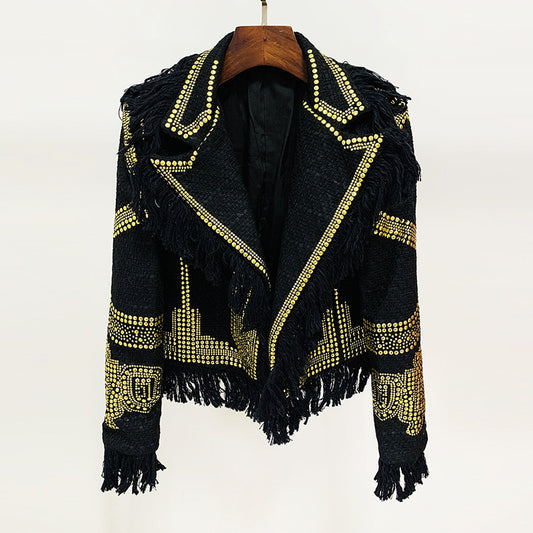 Goods Star Personality Tassel Edge Heavy Industry Metal Sheet Tweed Jacket Coat