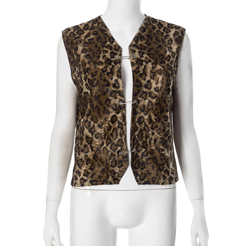 Women's Clothing Summer Leopard Print Cardigan Sleeveless Casual Top