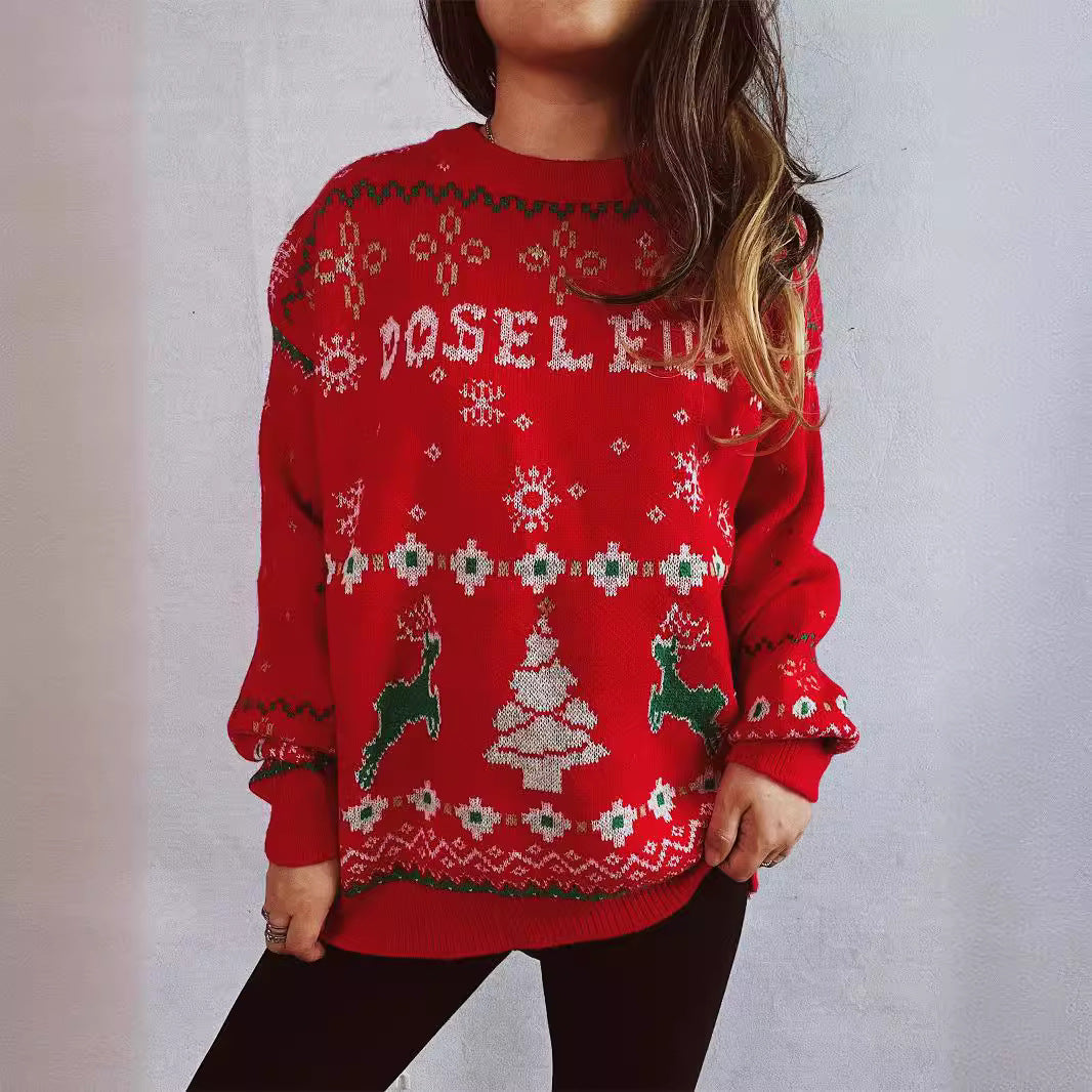 Women Autumn Winter Snowflake Elk Jacquard Sweater Cute Loose Christmas Sweater for Women