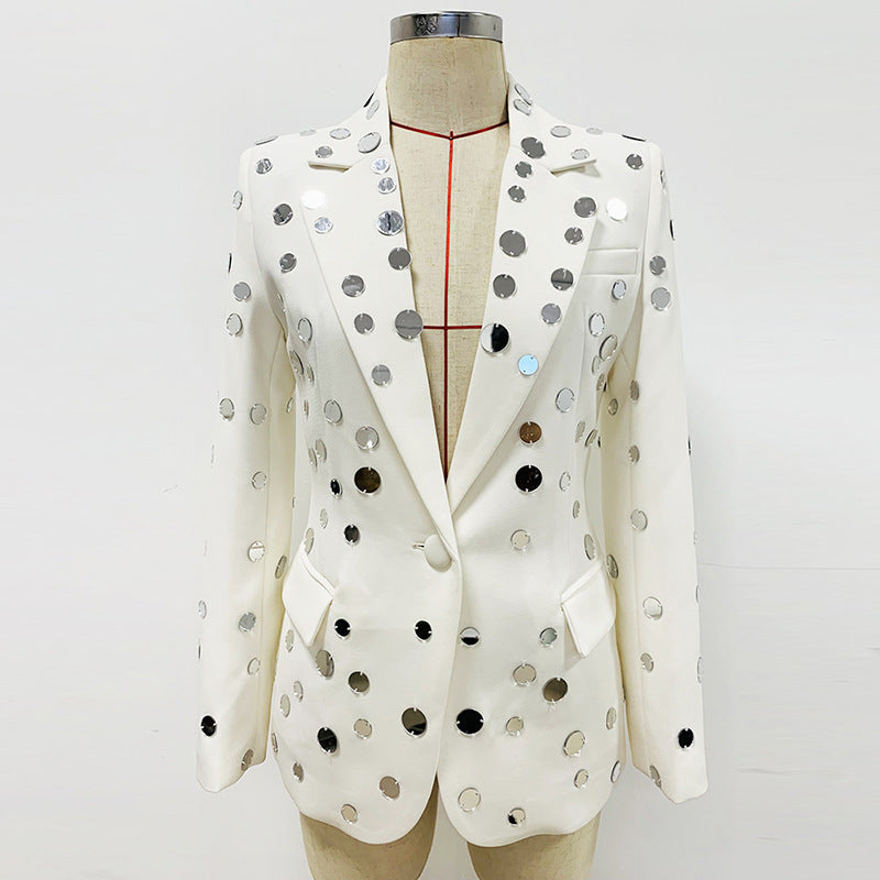 Star Personality Stylish round Mirror Beaded One Button Blazer Coat