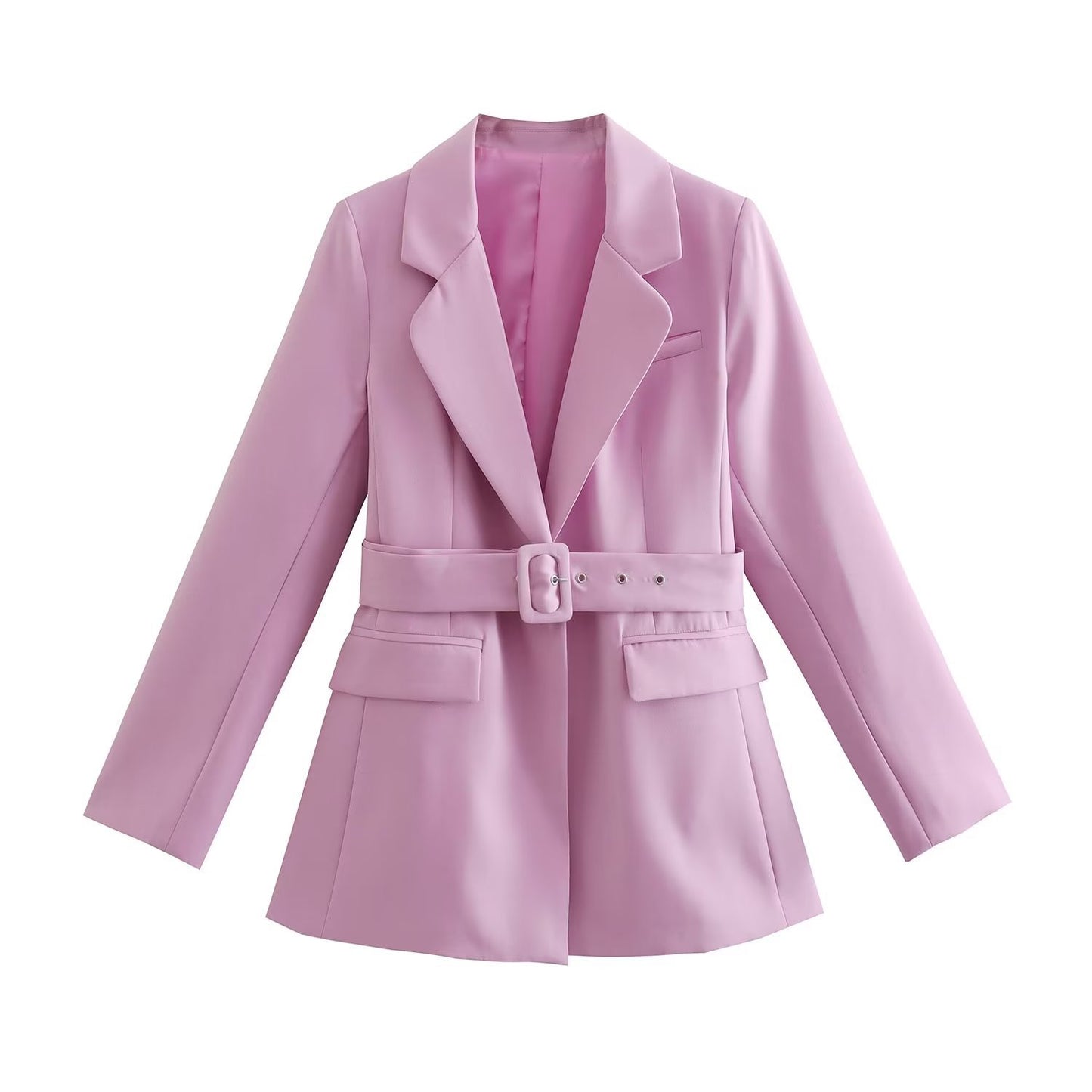 Otoño elegante cuello manga larga cinturón cintura rosa pequeña Blazer Mujer