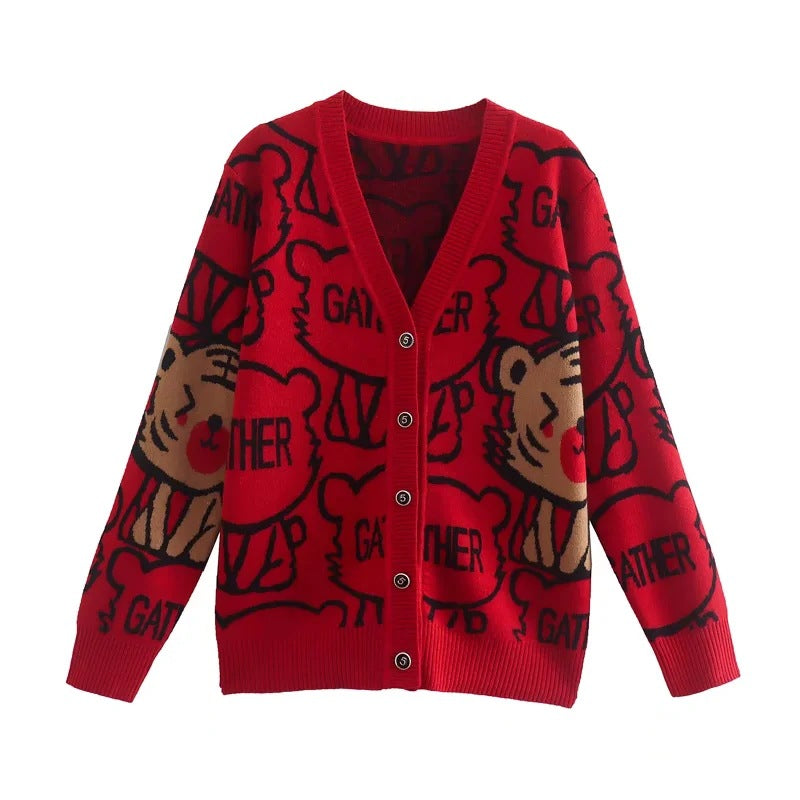 Printemps dessin animé tigre Jacquard tricoté Cardigan fil de base col en V Double boutonnage pull