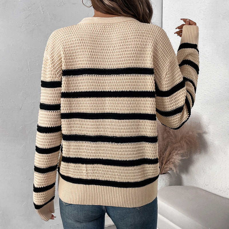 Top Autumn Winter Women Clothing Striped Contrast Color Sweater