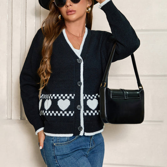 Women's Clothing Sweater White Edge Love Jacquard V neck Cardigan Casual Knitted Coat